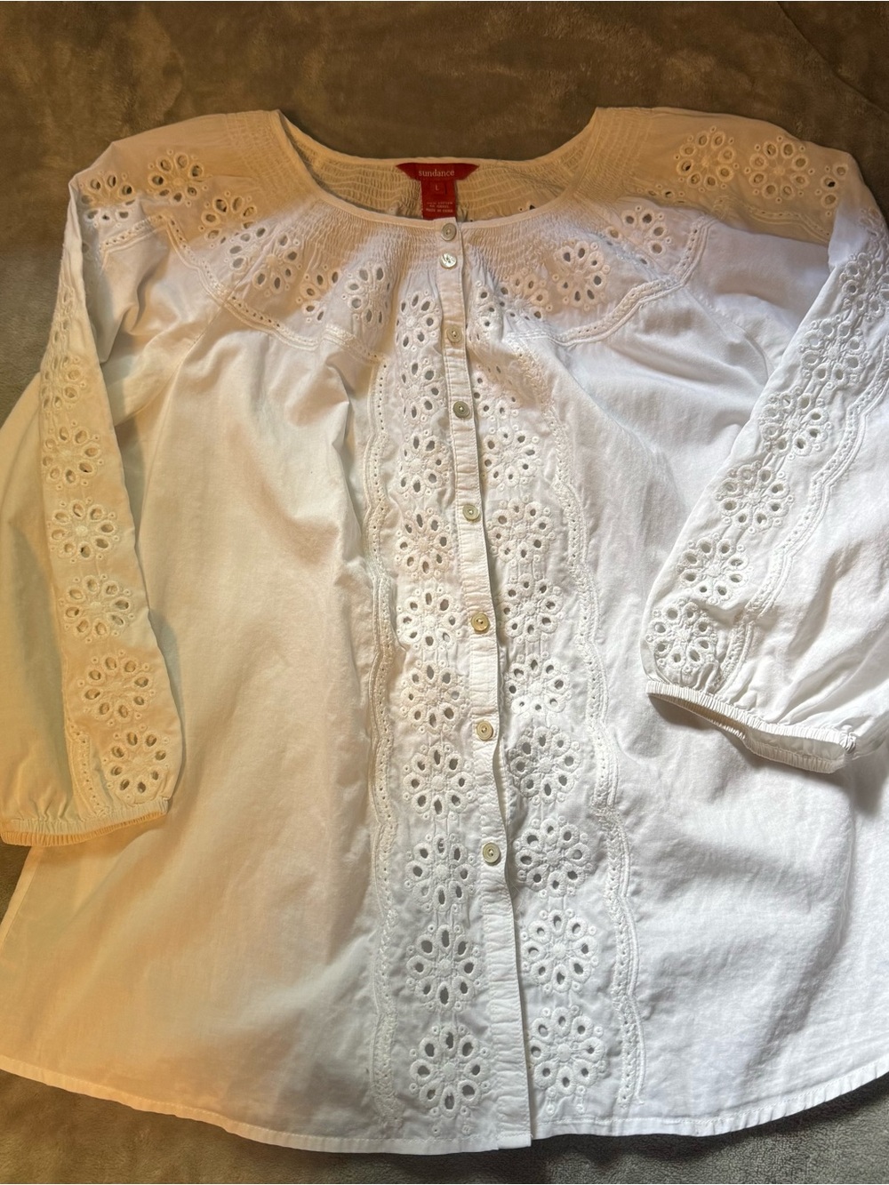 Sundance White Cotton Eyelet Button-Front Women's Top LARGE
